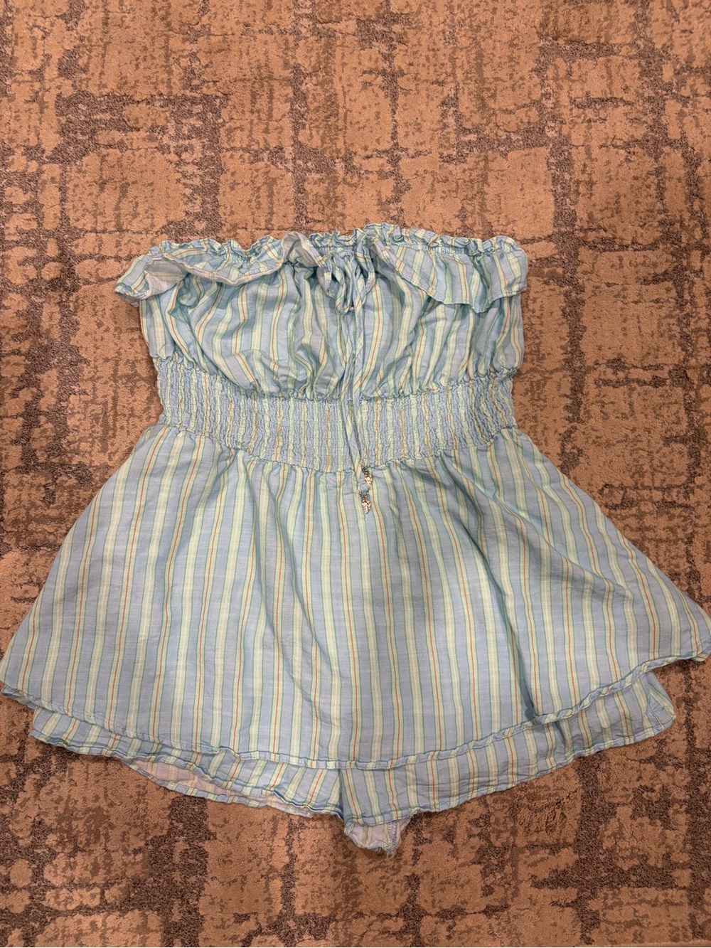 No Boundaries Pastel Striped Strapless Romper in Light Blue and Mint